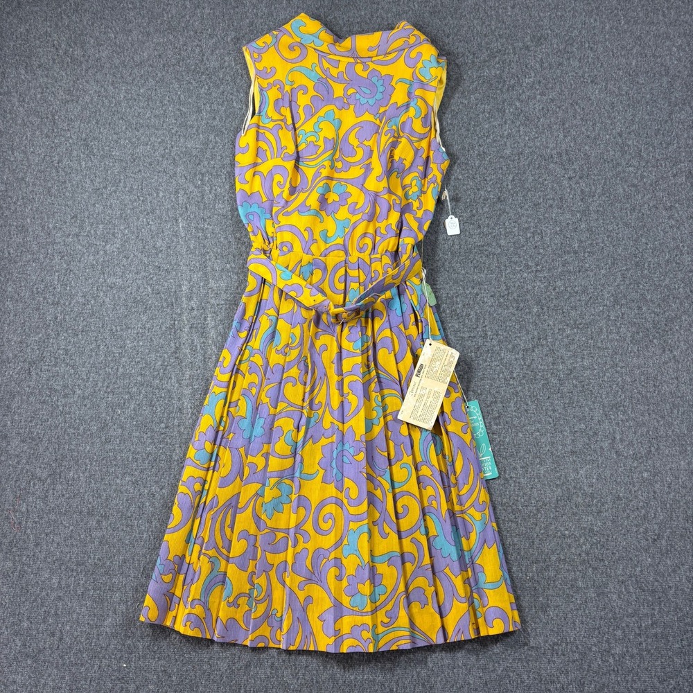 Vintage 60s Penneys Fashion Center Yellow Purple Psychedelic Pleated Dress NWT